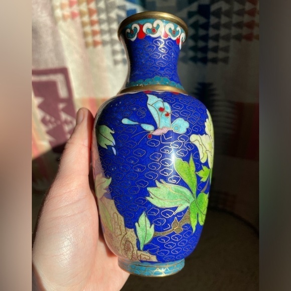 VTG Mid Century Chinese 6" Tall Filagree Enamel Cloisonné Vases Set of 2 Blue - Picture 10 of 14